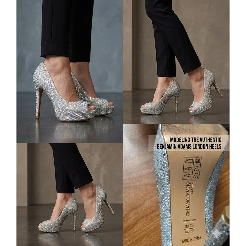 Benjamin Adams London Silver Jewel Encrusted Peep Toe Platform Pumps S 7.5/38